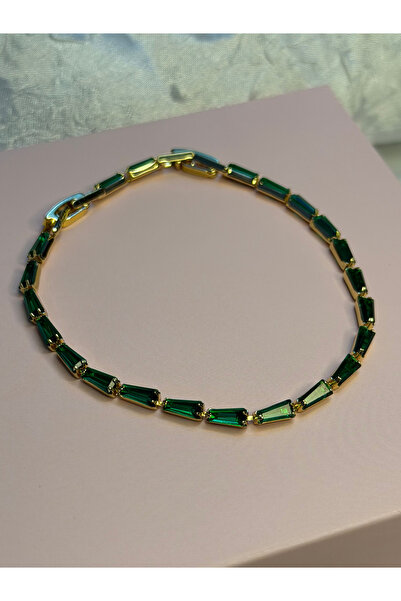 Premium Çelik Yeşil Baget Zirkon Taşlı Lüks Tasarım Gold Tennis Bileklik CL24