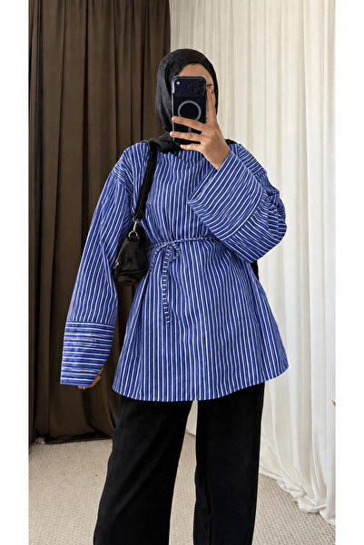 Hepsi Moda Biye Kemerli Oversize Çizgili Gömlek - Koyu Mavi
