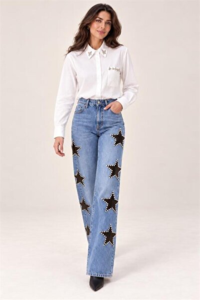 Neşeli Butik Women's Blue Star Detailed Wide Leg High Waist Jeans Nbk9003