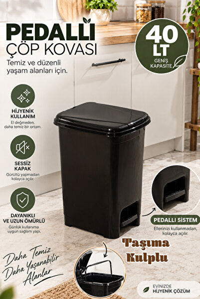 Porsima 0122-1 Slim Pedallı Çöp Kovası 40 LT Siyah – Taşınabilir Taşıma Kulpl...