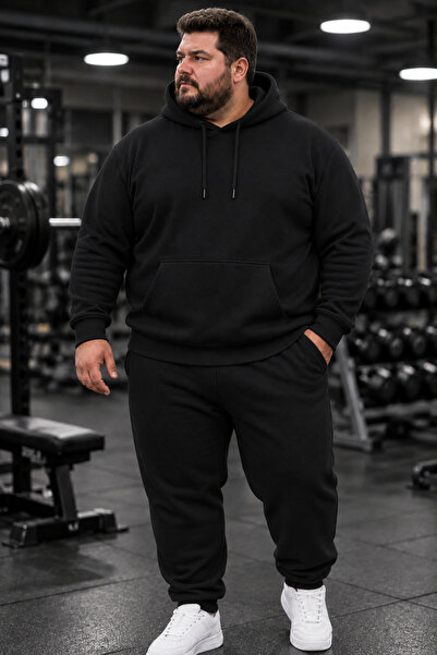 DEEPSENCE Plus Size Black Hooded Tracksuit Set Plain