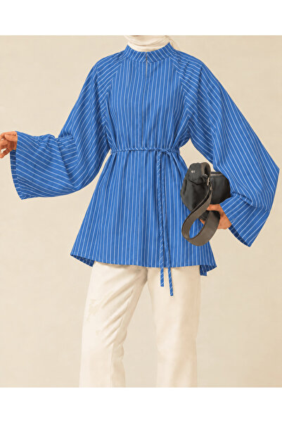 Hepsi Moda İspanyol Kol Çizgili Oversize Tunik - Mavi