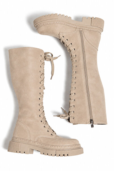 moun shoes Μακριές μπότες με κορδόνια, μπεζ σουέντ