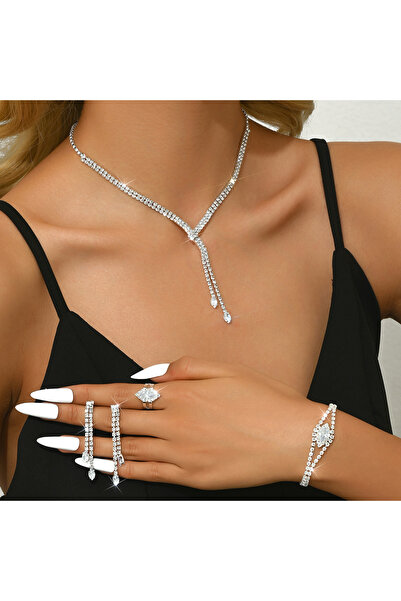Tessero Set Bijuterii Dama Elegante cu Cristale Zirconiu Stralucitoare , 4 piese, Colier, Cercei Lungi, Bratara si Inel Reglabile, Argintiu, Ideal pentru Nunta, Mireasa, Opera sau Evenimente Speciale