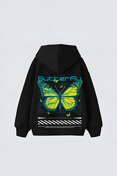 LADY HAZAL Black Unisex Futuristic Butterfly Printed Hooded Oversize Patterne...
