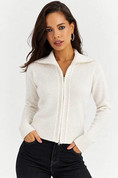 Cool & Sexy Women's White Zippered Polo Collar Openwork Detailed Long Sleeve ...