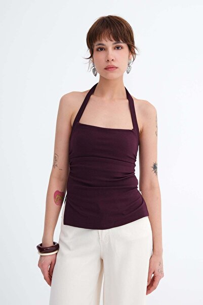 Addax Neckline-Looped Gathered Side Blouse A390