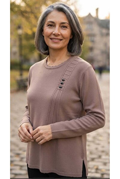 güncüoğlu Self-Patterned Women's Knitwear Sweater with Stone Details