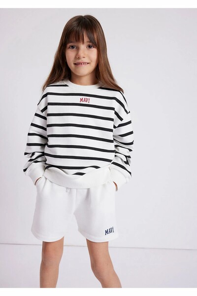 Mavi Girl's Black Logo Printed Striped Sweatshirt Si Sweatshirt