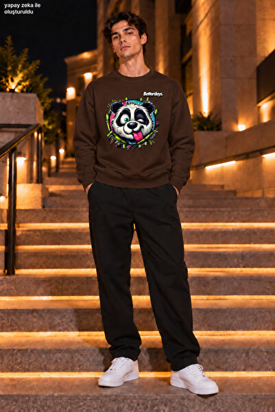 caddekombin Men's Crazy Panda Figured and Bamboo Detailed Crew Neck Casual Re...