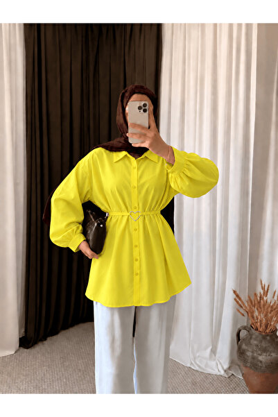 Hepsi Moda Kalp Kemerli Pileli Tunik - Limon Sarısı
