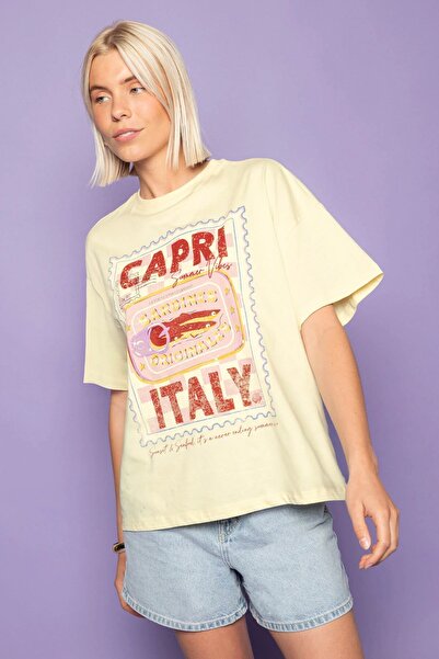 GIA - ART Tricou supradimensionat pentru femei Capri Summer cu imprimeu Galbe...