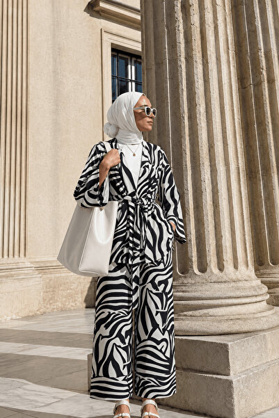 Hepsi Moda Zebra Desen Pantolonlu Kimono Takım - Siyah & Beyaz