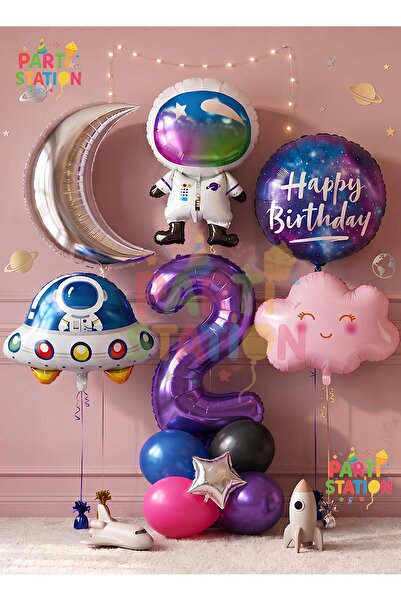 Parti Station Pink Purple Girl's Space Astronaut Concept 1-Year-Old Balloon S...