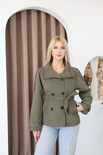 Moda Palmiss Dik Yaka Arka Rüzgarlık Detaylı Astarlı Kadın Trençkot Ceket Trenç