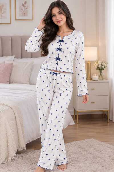 Generic Brand Women's Combed Cotton Long Sleeve Bow Decorated Pajamas Set