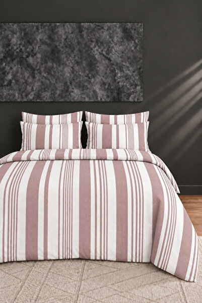 Çizgili Pamuklu Tek Kişilik Lastikli Çarşaflı Nevresim Takımı 160x220 Çizgili Desen İlik Düğmeli