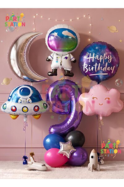 Parti Station Pink Purple Girl's Space Astronaut Concept 1-Year-Old Balloon S...