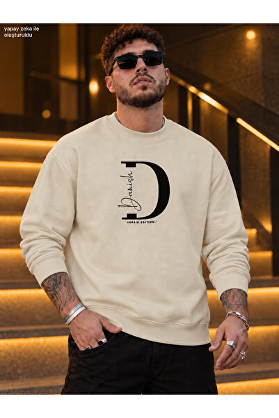 caddekombin Men's Letter D and Danish Calligraphy Detailed Crew Neck Casual R...