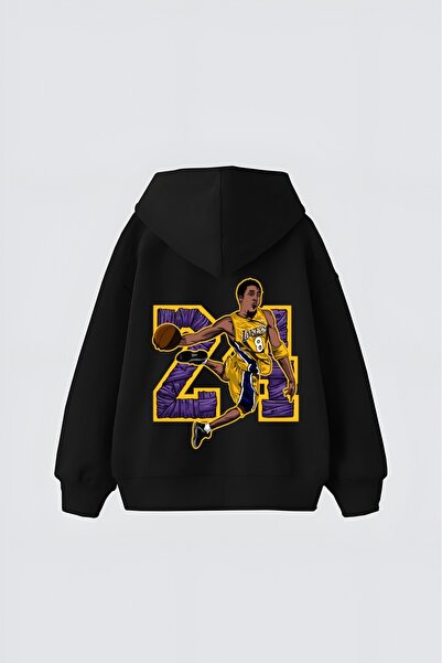 LADY HAZAL Black Unisex Lakers 24 Printed Hooded Oversize Patterned Fabric Sp...