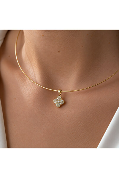 nerora Taşlı Yonca Motifli 14K Altın Kaplama Choker (Boyut Ayarlanabilir)