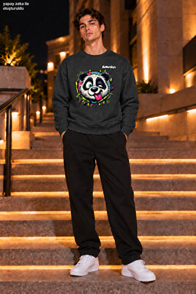 caddekombin Men's Crazy Panda Figured and Bamboo Detailed Crew Neck Casual Re...