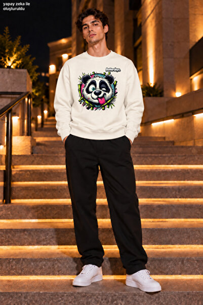 caddekombin Men's Crazy Panda Figured and Bamboo Detailed Crew Neck Casual Re...