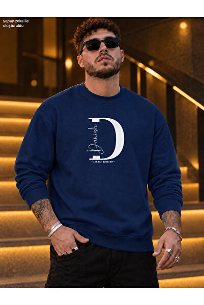 caddekombin Men's Letter D and Danish Calligraphy Detailed Crew Neck Casual R...