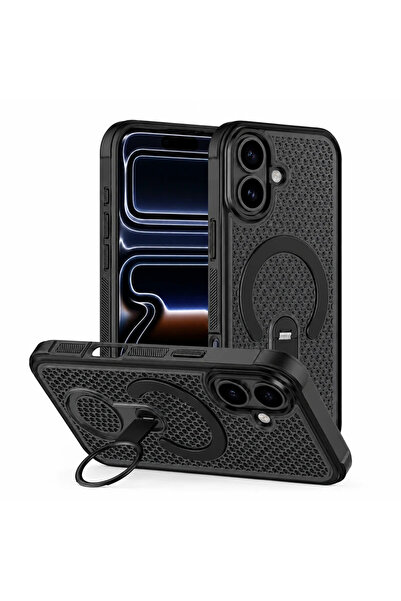 VERTEK Защитен калъф MeshMag със стойка-пръстен за Apple iPhone 16, Черен