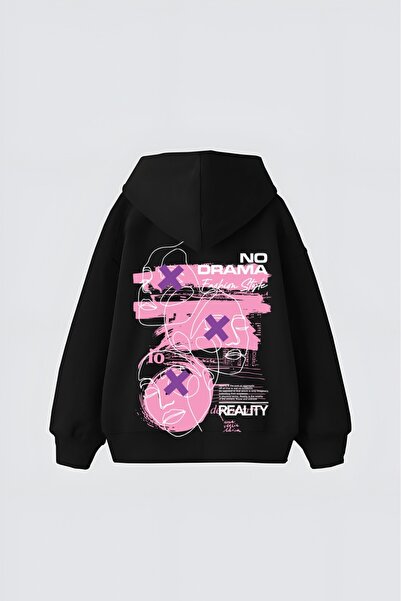 LADY HAZAL Black Unisex No Drama Printed Hooded Oversize Patterned Fabric Spo...
