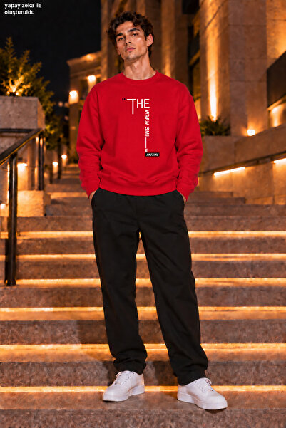 caddekombin Men's the Warm Smile Written and Red Label Detailed Crew Neck Cas...