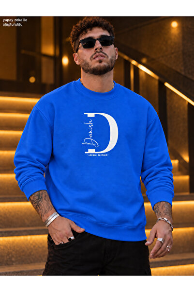 caddekombin Men's Letter D and Danish Calligraphy Detailed Crew Neck Casual R...
