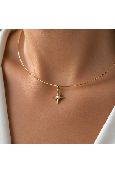 nerora Tek Taş Kuzey Yıldızı Motifli 14K Altın Kaplama Choker (Boyut Ayarlana...