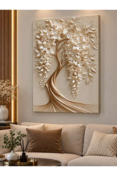 theworkshop Dekoratif Çiçekli Ağaç Kanvas Tablo 30x40 cm | Gold Krem 3D Efekt...