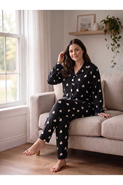 SEBOTEKS Suede Fabric Front Buttoned Plus Size Women's Pajama Set 2800