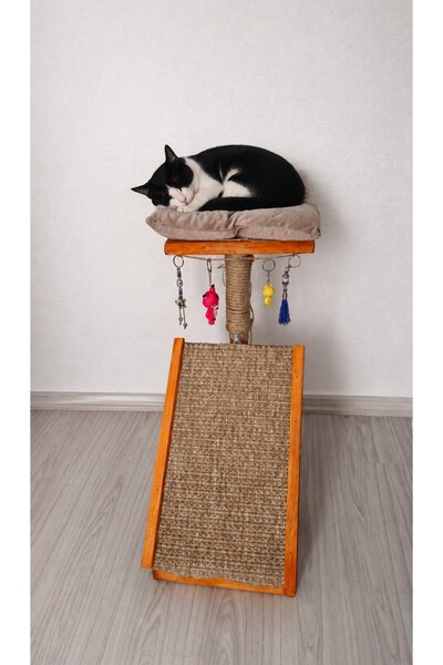 cnyr Wooden Cat Scratching Post and Play Area, with Sleeping Cushion, Rope, Decorative Design