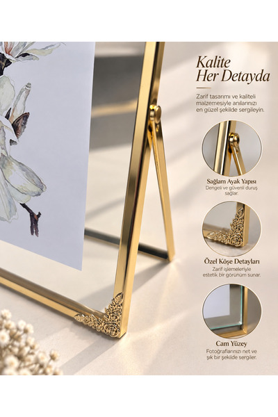 Eq deco Gold Corner Floral Metal Fotoğraf Çerçevesi 10x15 cm Çiçek Detaylı Camlı Dekoratif Masaüstü Çerçeve