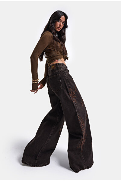 it's basic Kadın Kahve 3w6-156 Palazzo Fit Özel Desen Nakış Detaylı Tasarım Denim Jean