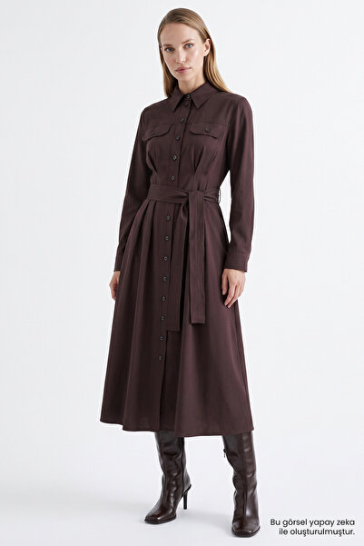 Exquise Satin Surface Belted Regular Midi Dress