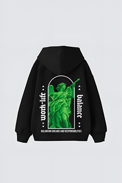 LADY HAZAL Black Unisex Work Life Printed Hooded Oversize Patterned Fabric Sp...
