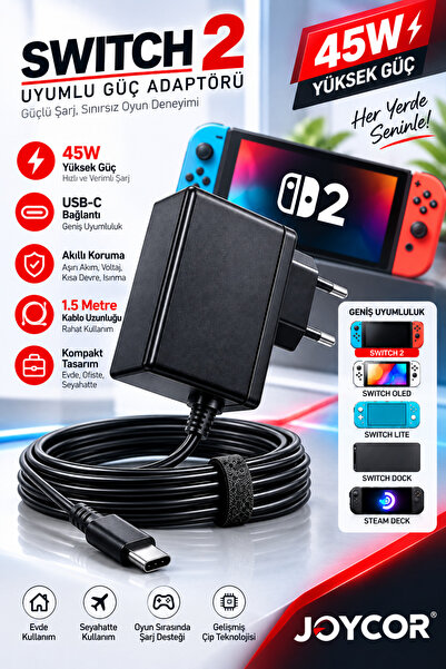 JOYCOR 45W Switch 2 Şarj Adaptörü 1.5M USB-C Hızlı Şarj Güç Kablosu OLED Lite...