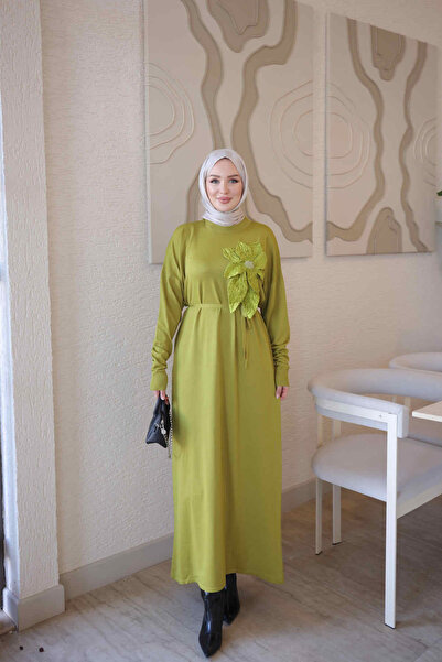 İmajButik Oil Green Mercerized Floral Knit Dress