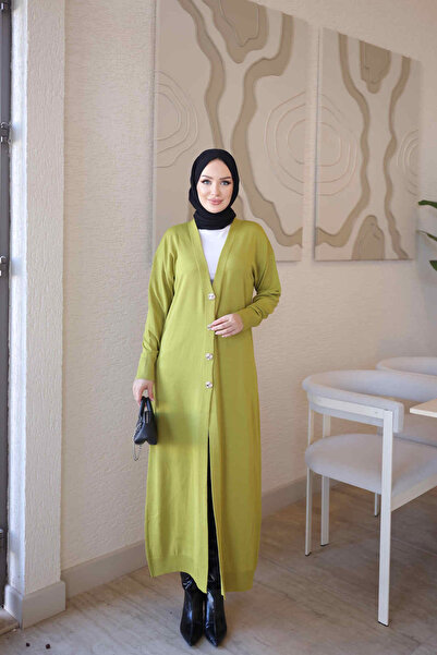 İmajButik Oil Green Buttoned Mercerized Cardigan