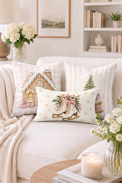 Home Yılbaşı Kurabiye Evi ve Buz Pateni Desenli Dekoratif Kırlent Kılıfı - 3'...