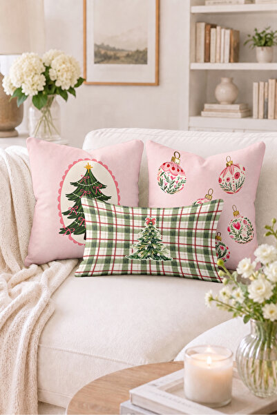 Home Noel Ağacı ve Yılbaşı Süsü Motifli Ekose Desenli Dekoratif Kırlent Kılıf...