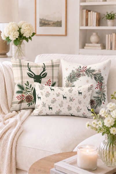 Home Geyik, Çam Kozalağı ve Kış Botanik Desenli Dekoratif Kırlent Kılıfı - 3'...
