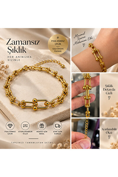 Geometrik Zincir Model Kadın Bileklik Altın Renk Paslanmaz Çelik Ayarlanabilir Şık Bileklik