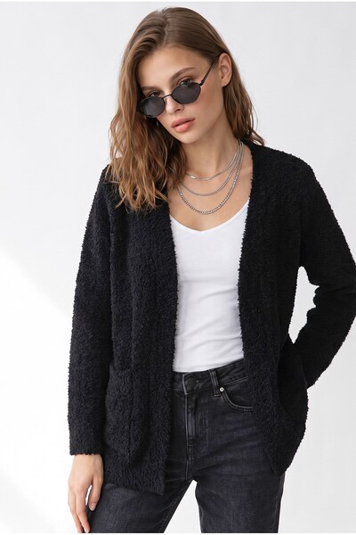 Mixray 7069 Kadın Buklet Dokulu Cepli Oversize Triko Hırka Siyah