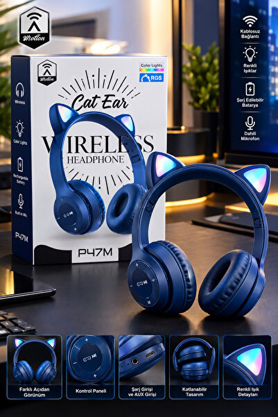 Kedi Kulaklı Kablosuz RGB Bluetooth Kulaklık P47M