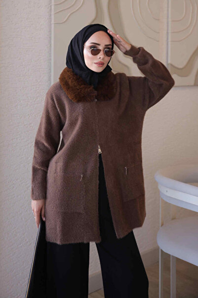 İmajButik Kahverengi Soft Kürk Yakalı Angora Triko Hırka